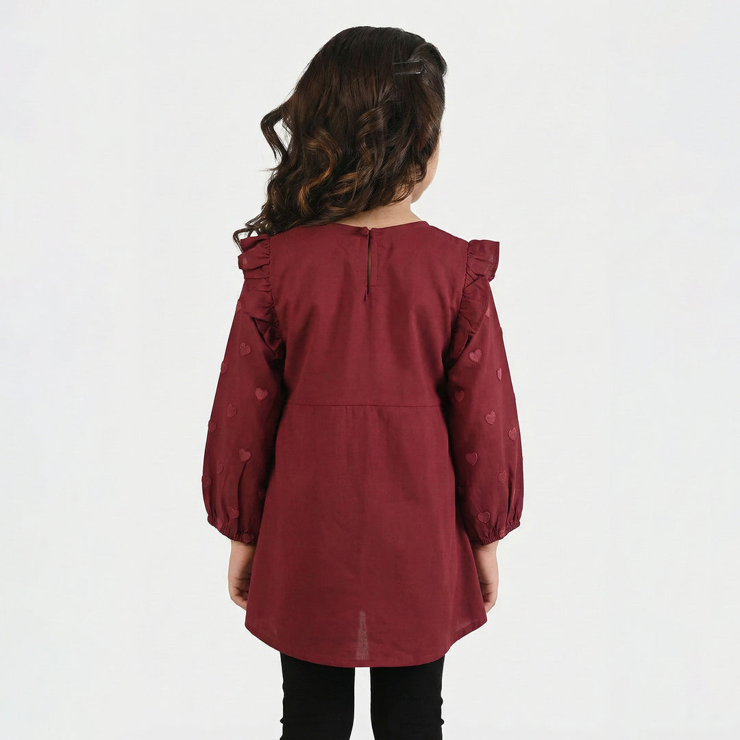 Girls Cotton Top Puffy Hearts - Maroon