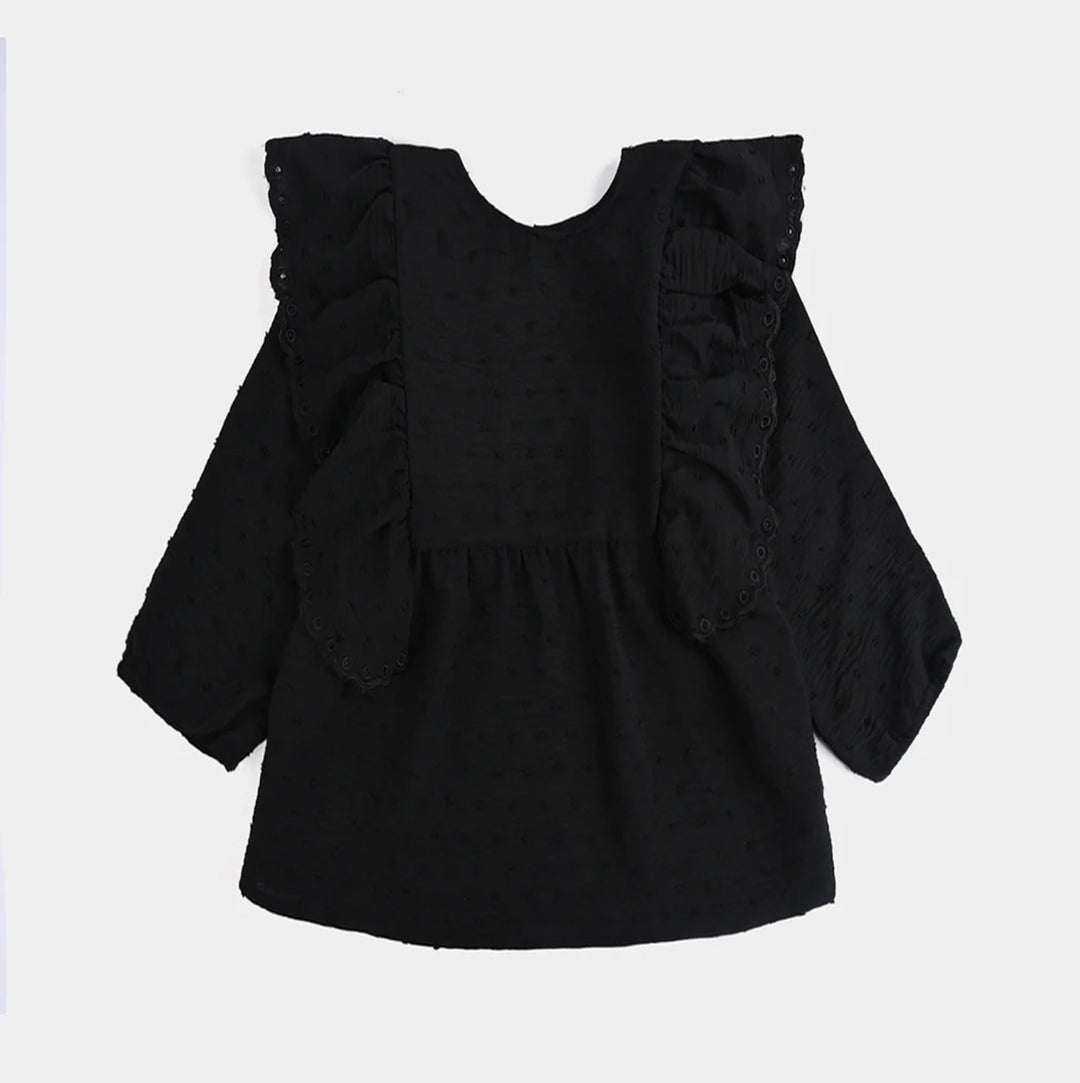 Girls Cotton Emb Top Maroon Ruffles-BLACK