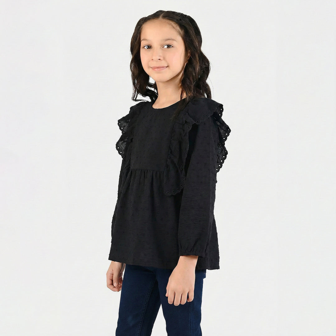 Girls Cotton Embroidered Top - BLACK