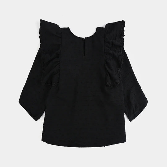 Girls Cotton Emb Top Maroon Ruffles-BLACK
