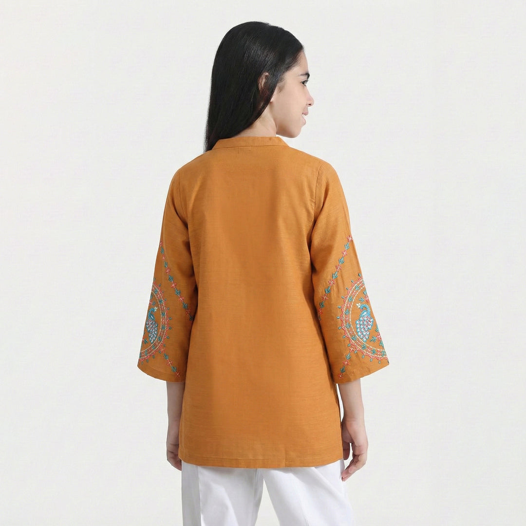 Girls Cotton Slub Embroidered Kurti - Mustard