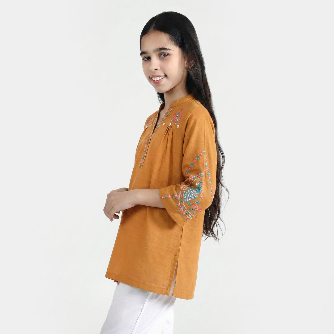 Girls Cotton Slub Embroidered Kurti - Mustard