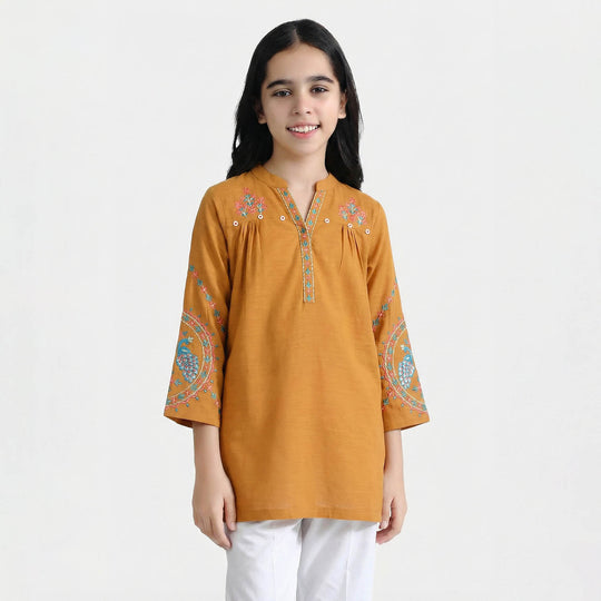 Girls Cotton Slub Embroidered Kurti - Mustard