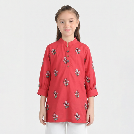 Girls Poplin Embroidered Kurti Flower - Red