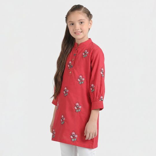Girls Poplin Embroidered Kurti Flower - Red