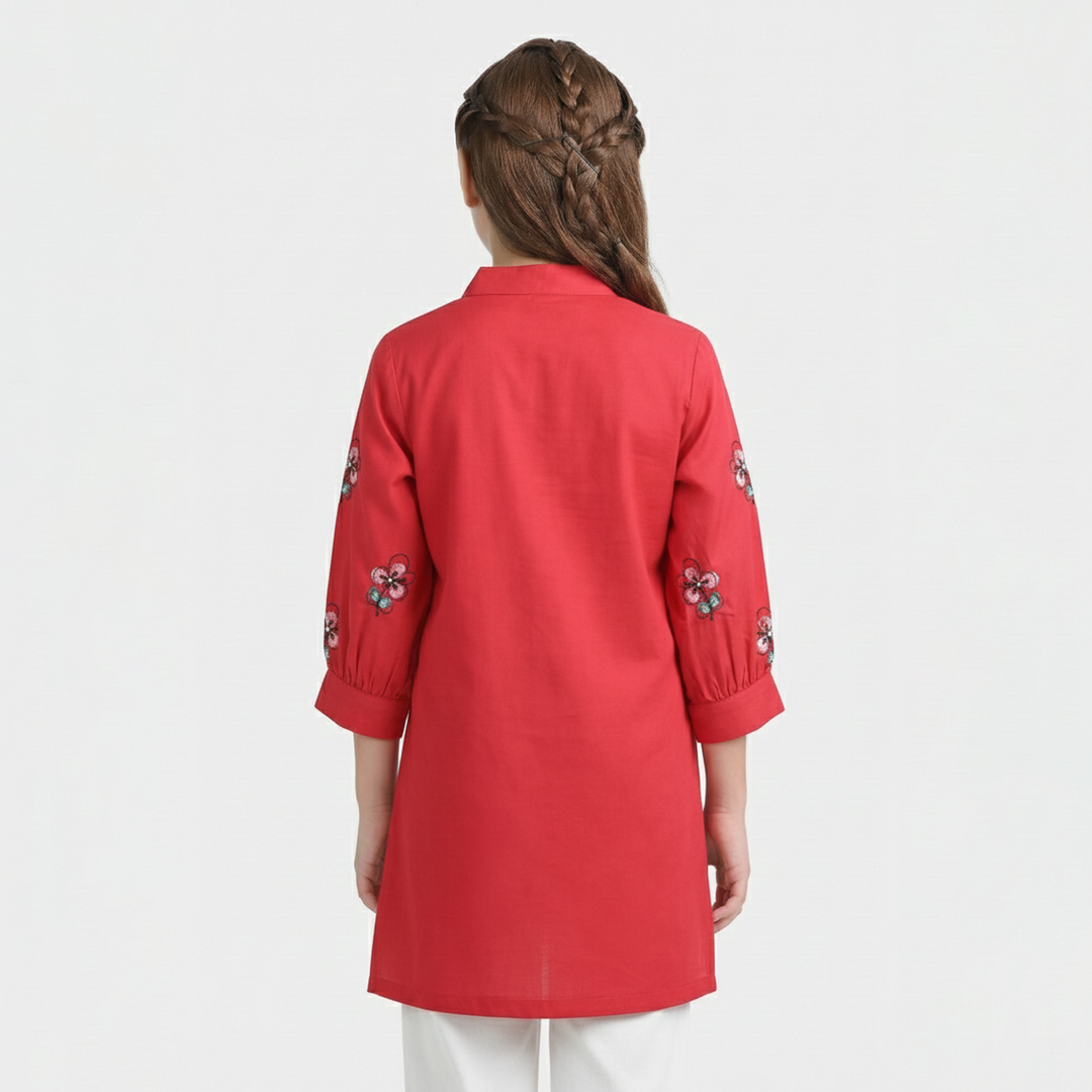 Girls Poplin Embroidered Kurti Flower - Red