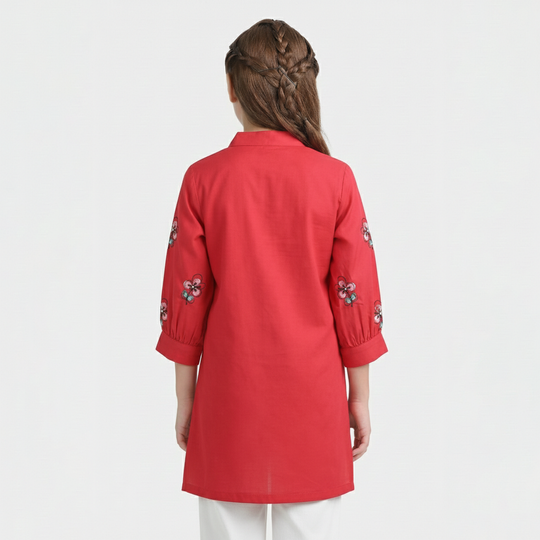 Girls Poplin Embroidered Kurti Flower - Red
