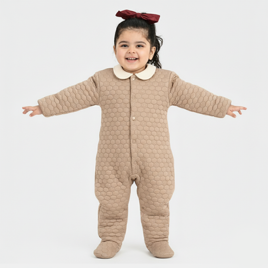 Infant Girls Quilted Romper Smile Flower-BROWN