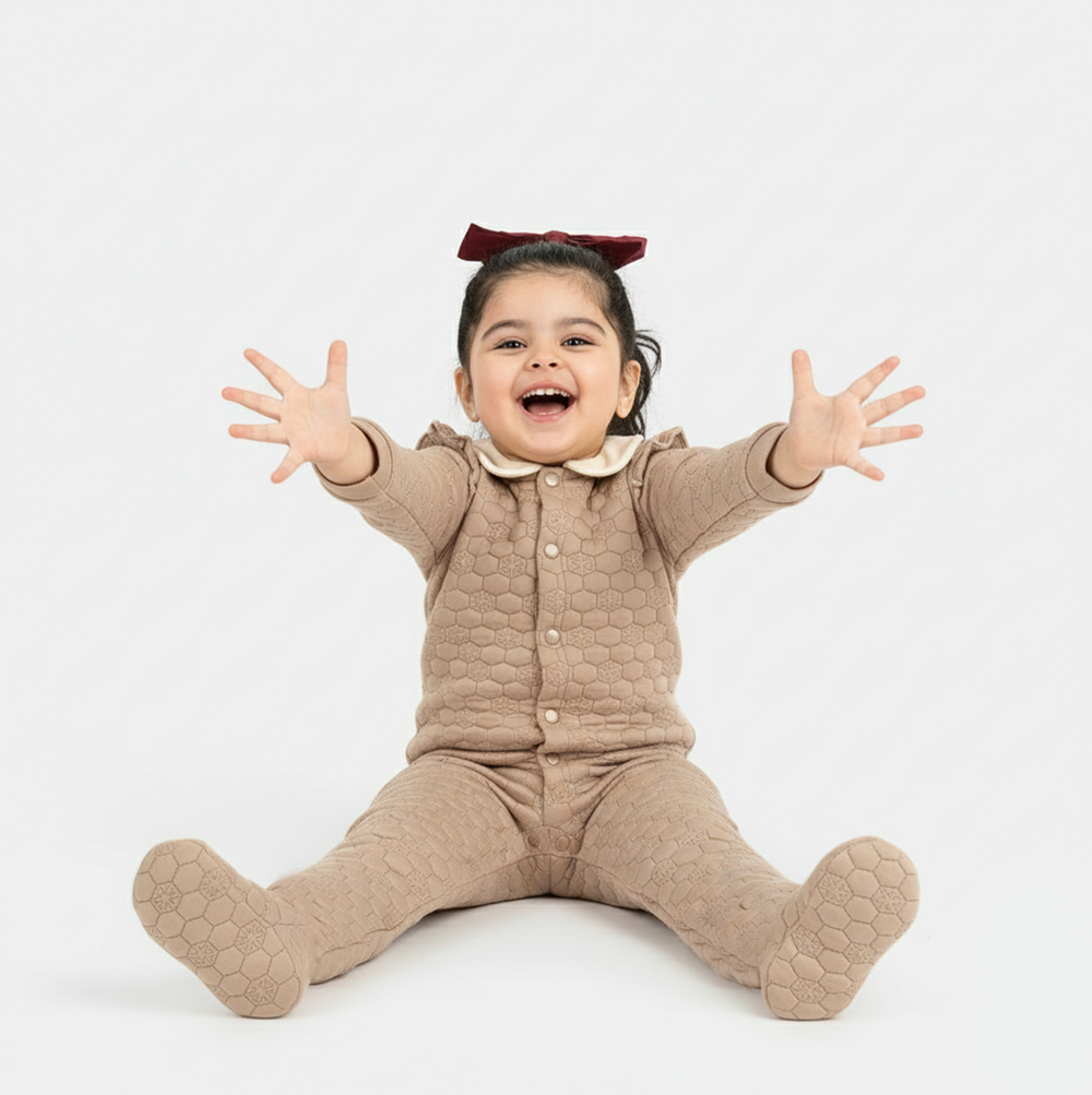 Infant Girls Quilted Romper Smile Flower-BROWN