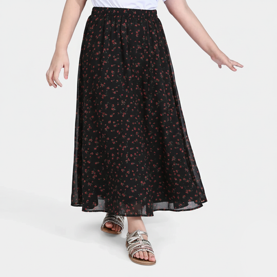 Girls Chiffon Long Skirt Tiny Flower - Black