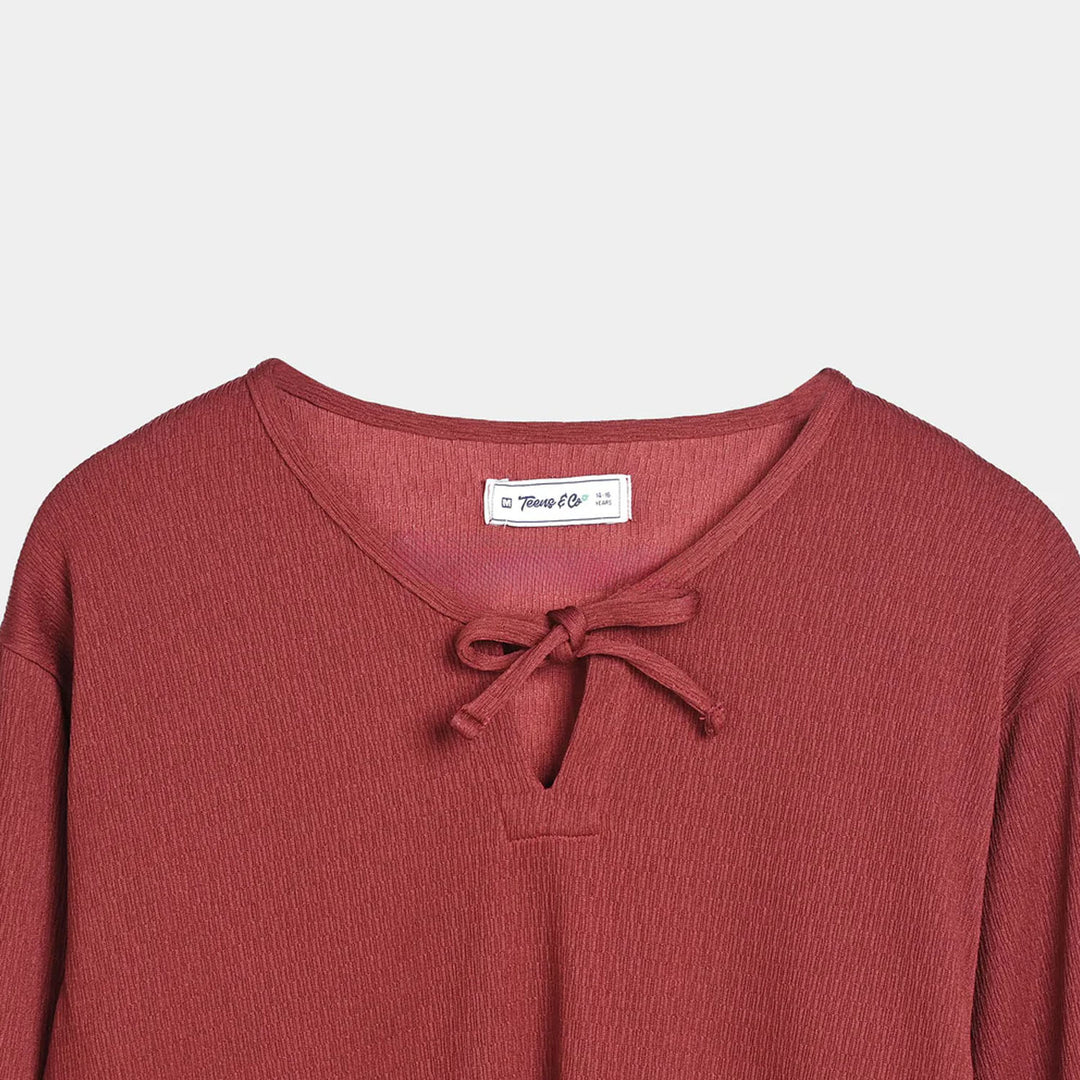 Teens Girls Cotton Knitted CO-Ord Set Maroon-Rust