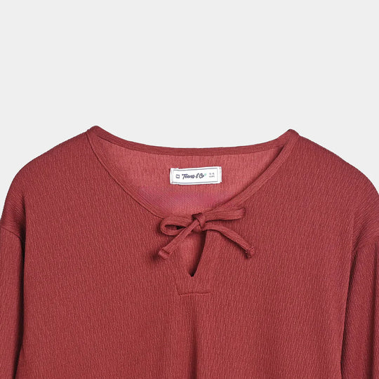 Teens Girls Cotton Knitted CO-Ord Set Maroon-Rust