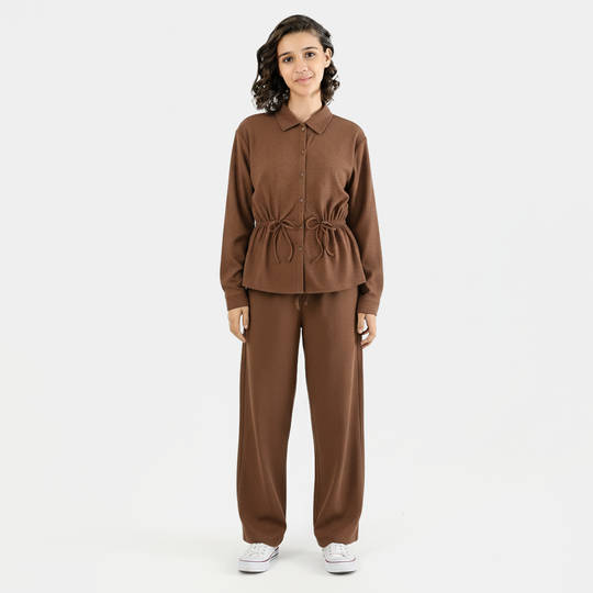 Teens Girls Cotton Knitted CO-Ord Set - Brown