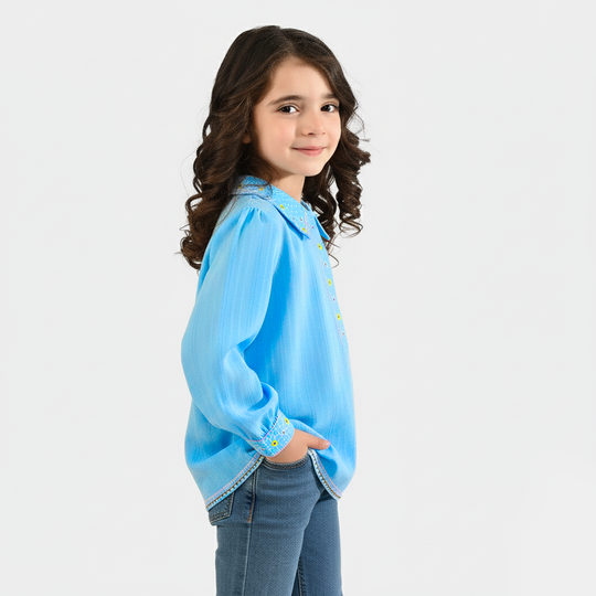 Girls Cotton Emb Top Fantasy-LT.Blue