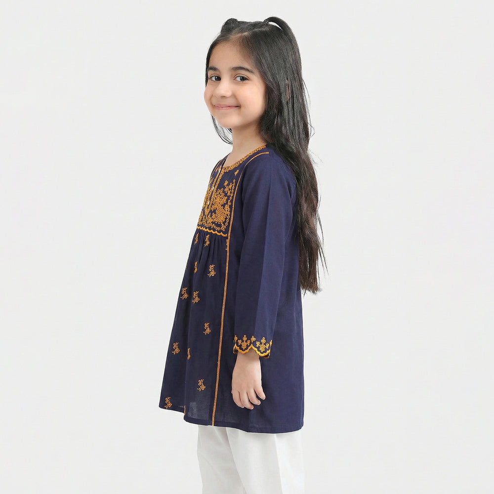 Girls Cotton Embroidered Kurti  - Navy Blue