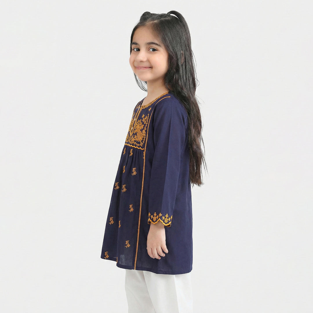 Girls Cotton Embroidered Kurti  - Navy Blue