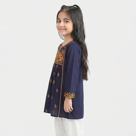 Girls Cotton Embroidered Kurti  - Navy Blue