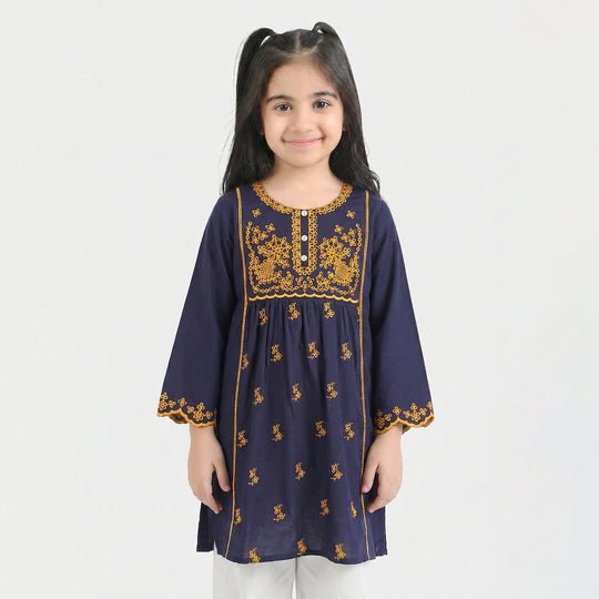 Girls Cotton Embroidered Kurti  - Navy Blue