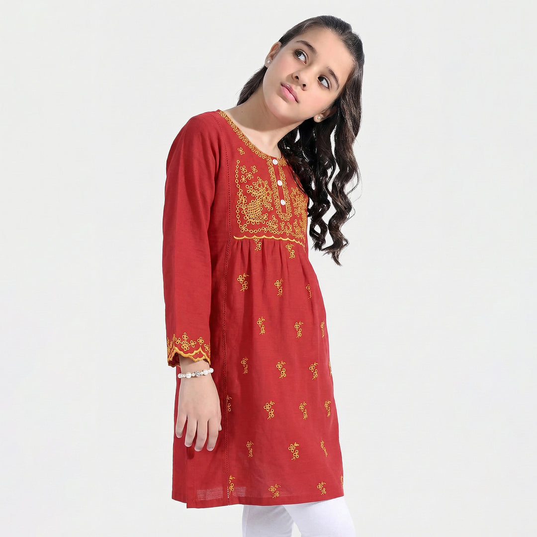 Girls Raw Silk Embroidered Kurti - Maroon