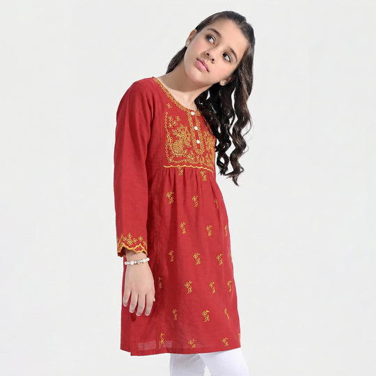 Girls Raw Silk Embroidered Kurti - Maroon