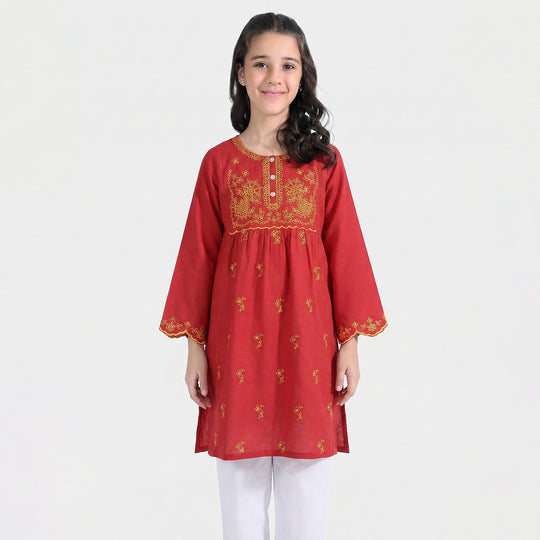 Girls Raw Silk Embroidered Kurti - Maroon