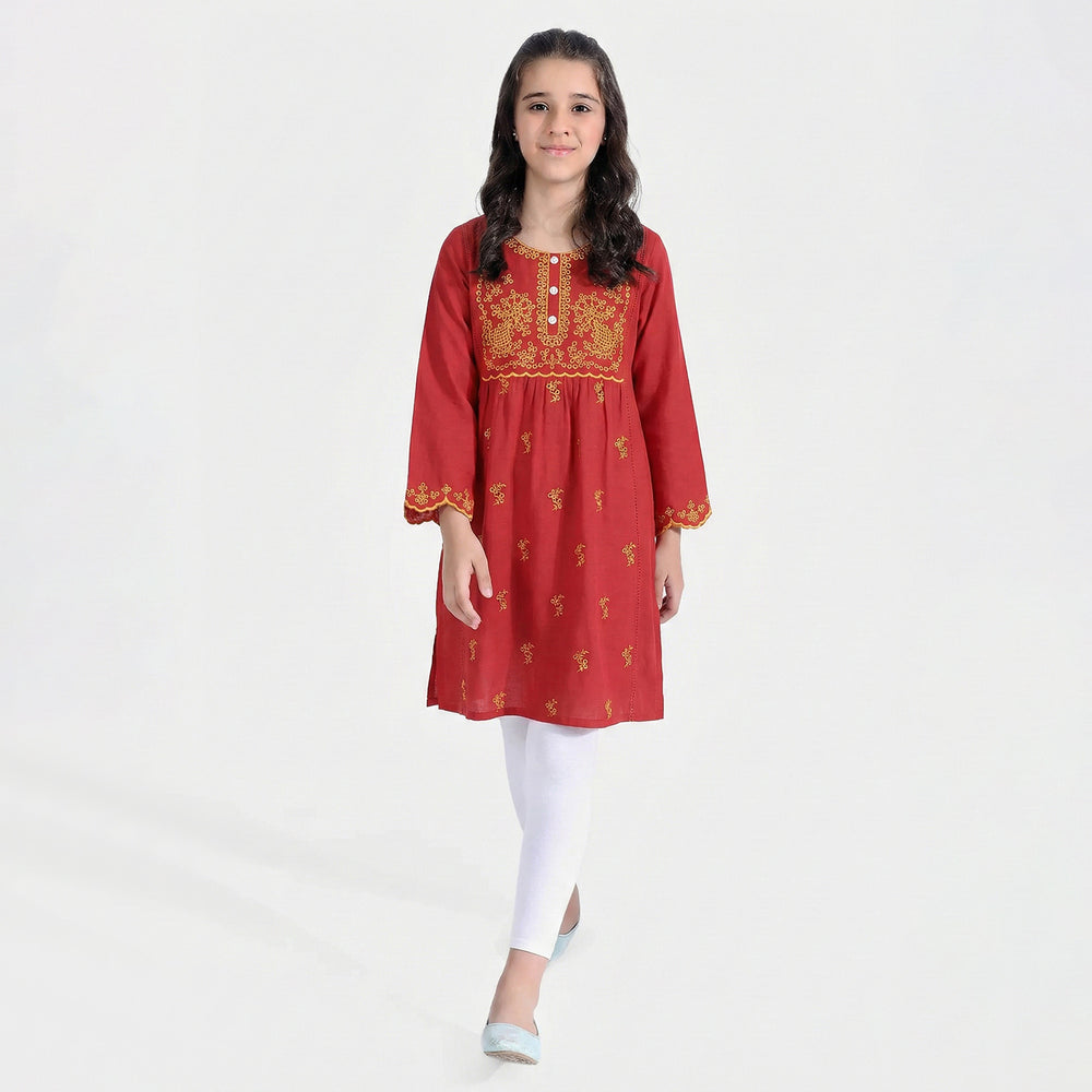 Girls Raw Silk Embroidered Kurti - Maroon