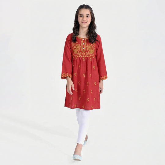 Girls Raw Silk Embroidered Kurti - Maroon