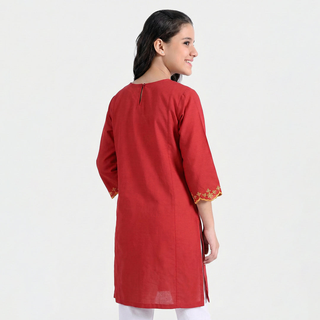 Girls Raw Silk Embroidered Kurti - Maroon