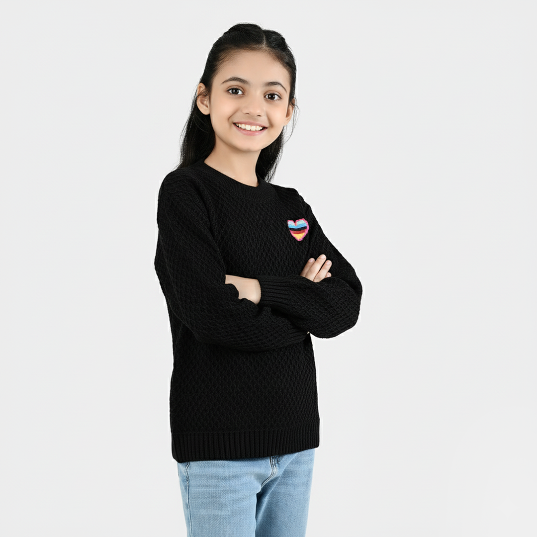 Girls Poly Crinkle T-Shirt Heart - Black