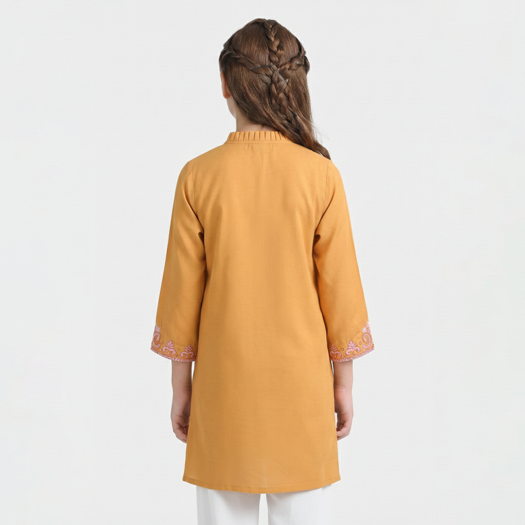 Girls Slub Jersey Embroidered Kurti - Mustard