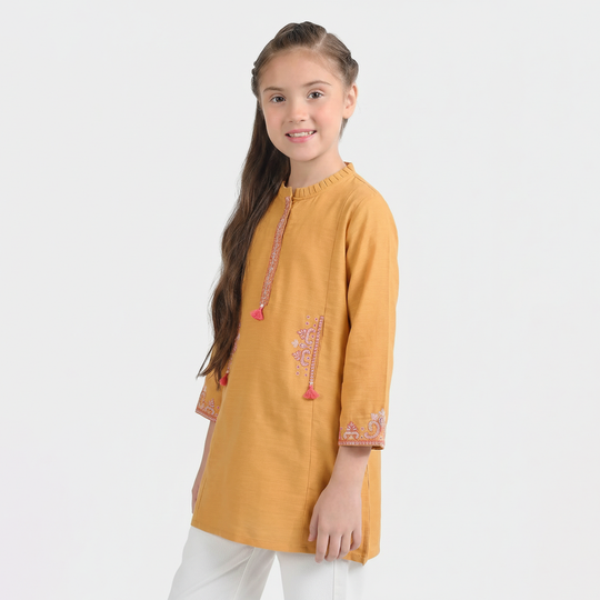 Girls Slub Jersey Embroidered Kurti - Mustard