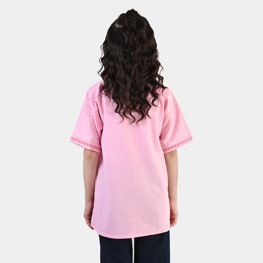 Girls Cotton Embroidered Top (Candy) - Pink