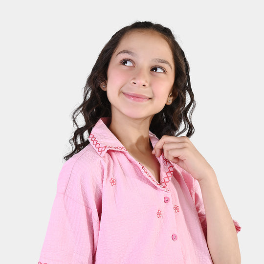 Girls Cotton Embroidered Top (Candy) - Pink