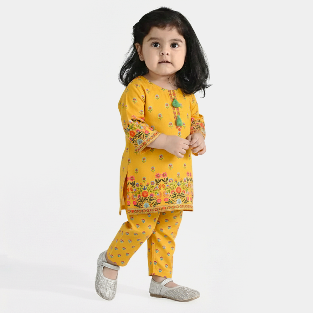 Infant Girls Poly Mesh Printed 2 Pcs Sunny-Mustard