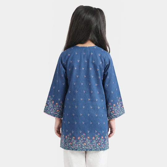 Girls Cotton Poplin Printed Floral Kurti - Blue