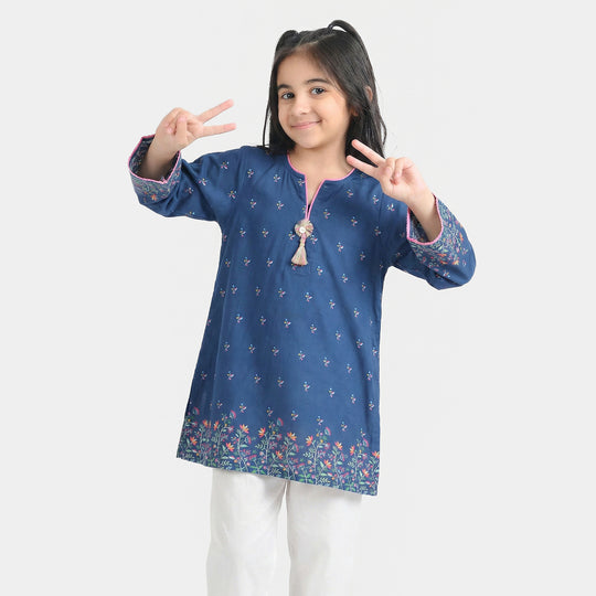 Girls Cotton Poplin Printed Floral Kurti - Blue