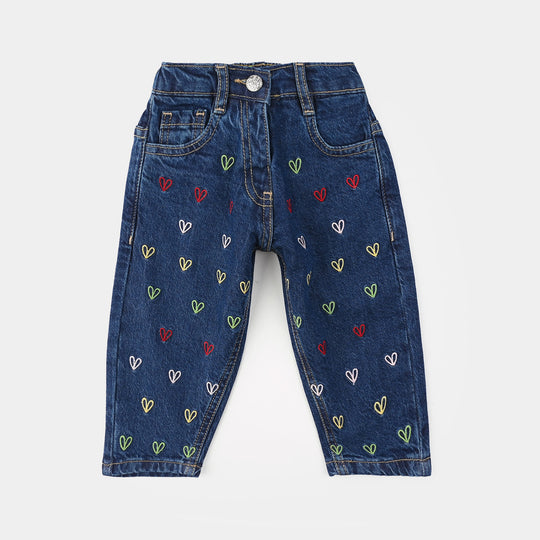 Infant Girls Denim Stretch Embroidered Pants - Mid Blue