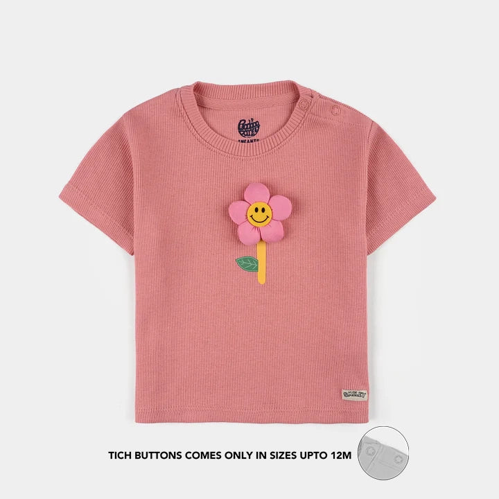 Infant Girls 2x1 Rib T-Shirt (Smile Flower) - Apricot