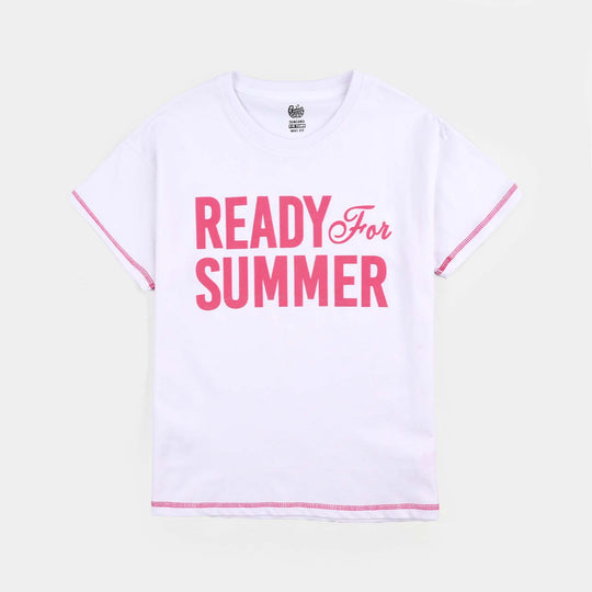 Girls Jersey/Terry T-Shirt H/S Ready For Summer-White