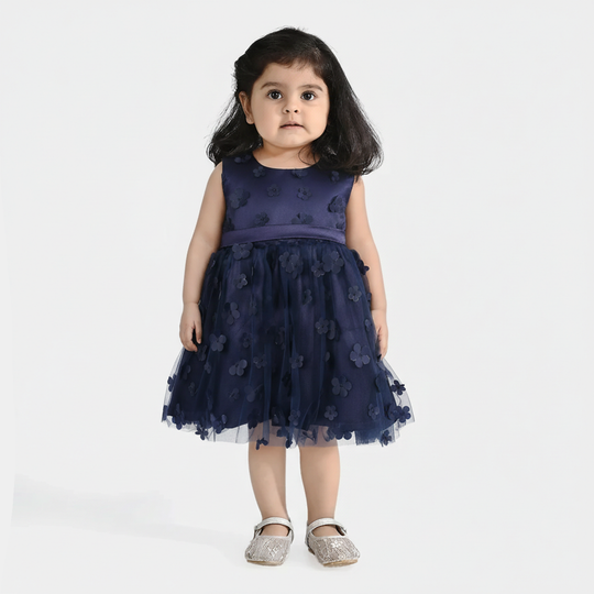 Infant Girls Net Fancy Frock (Flower) - Navy