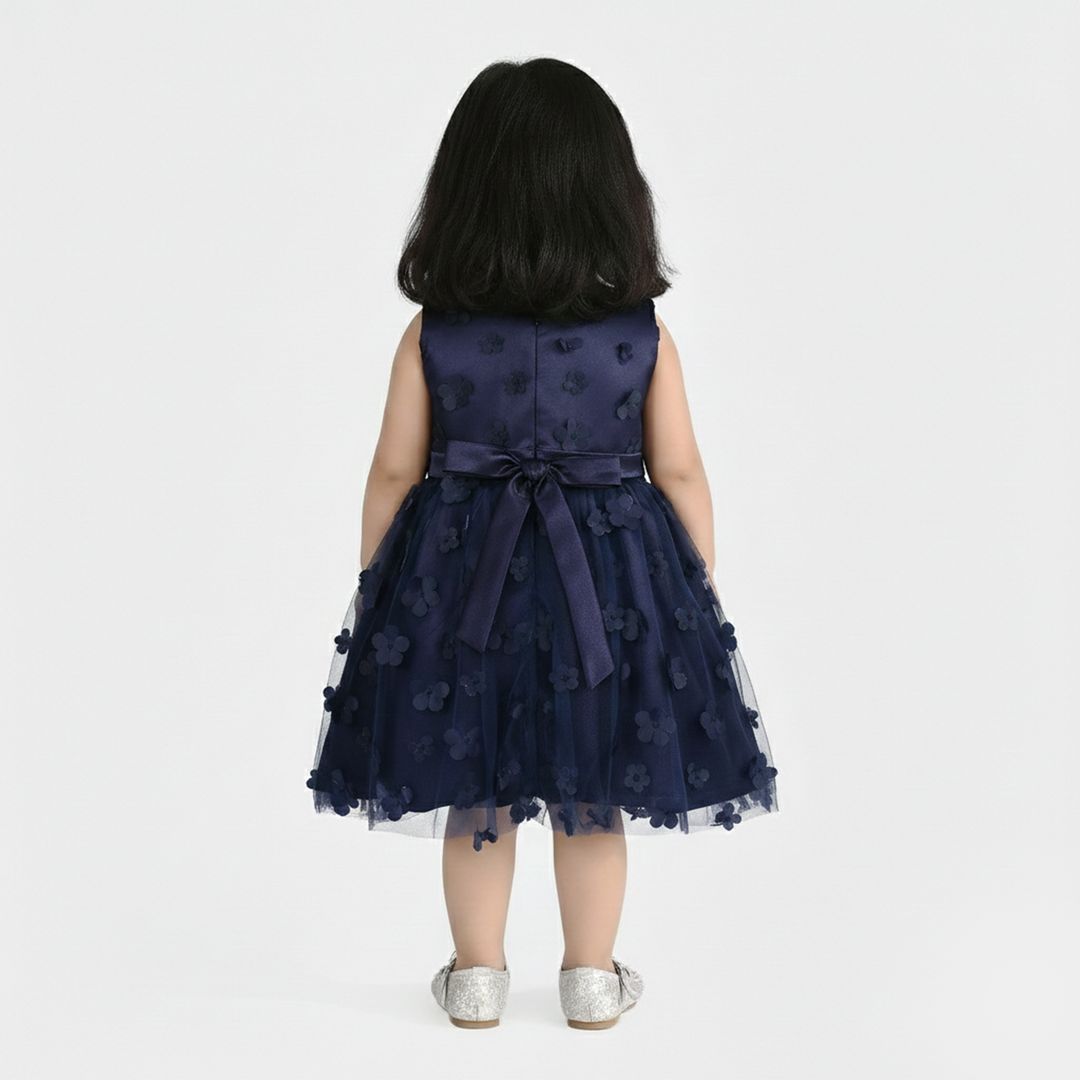 Infant Girls Net Fancy Frock (Flower) - Navy