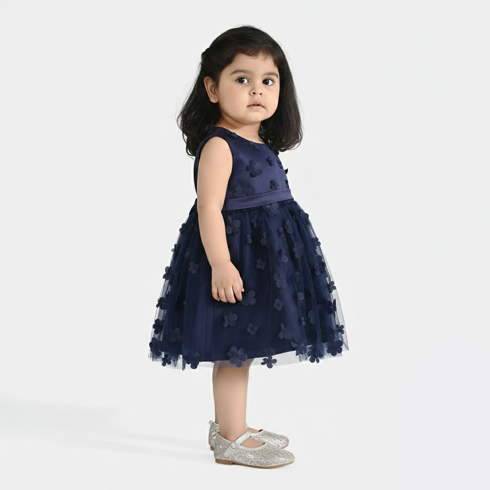 Infant Girls Net Fancy Frock (Flower) - Navy