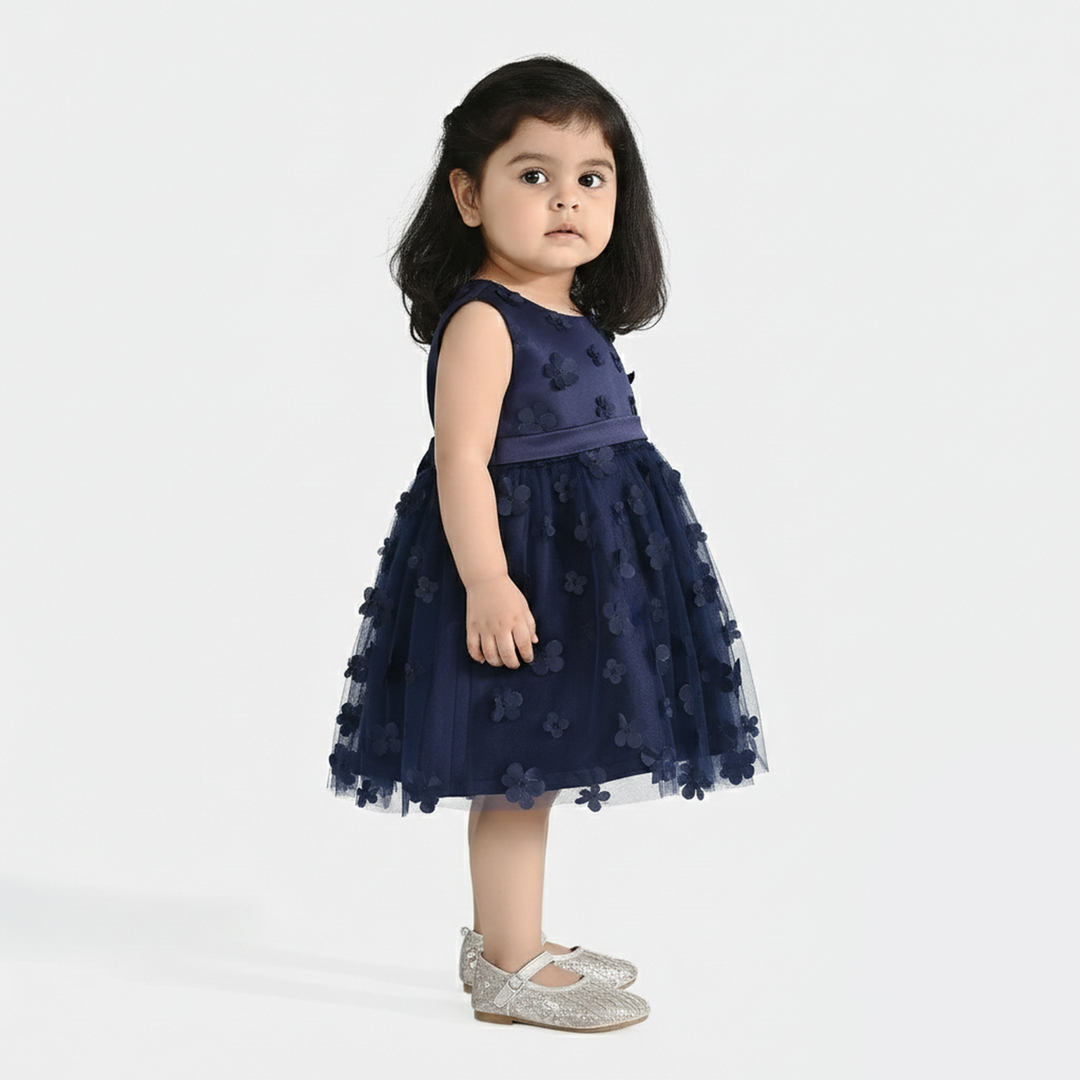 Infant Girls Net Fancy Frock (Flower) - Navy