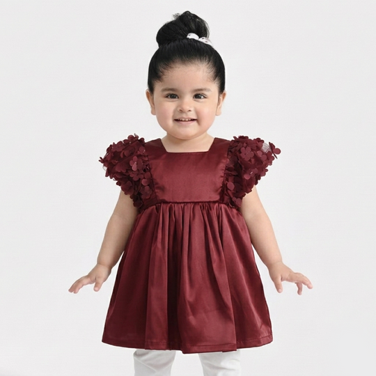 Infant Girls Poly Satin Fancy Frock (Flower) - Maroon
