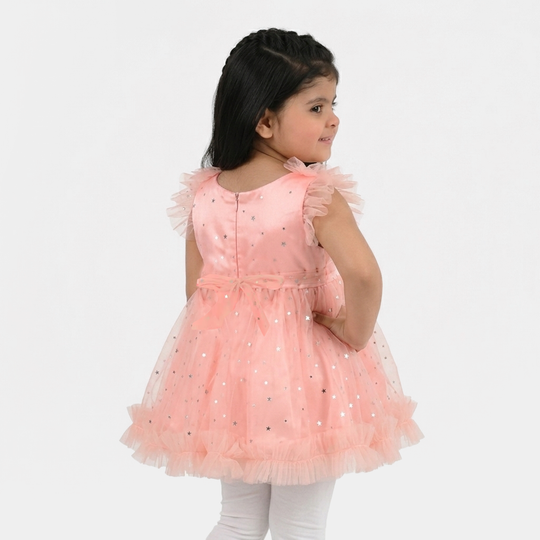 Infant Girls Net Fancy Frock (Stars) - Peach