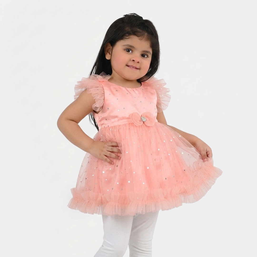 Infant Girls Net Fancy Frock (Stars) - Peach