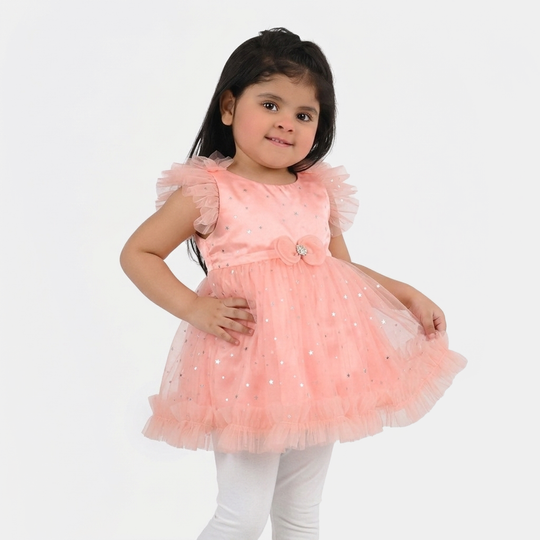 Infant Girls Net Fancy Frock (Stars) - Peach