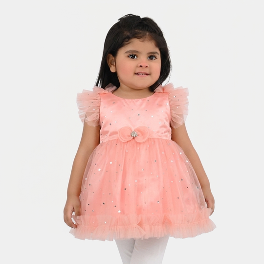 Infant Girls Net Fancy Frock (Stars) - Peach