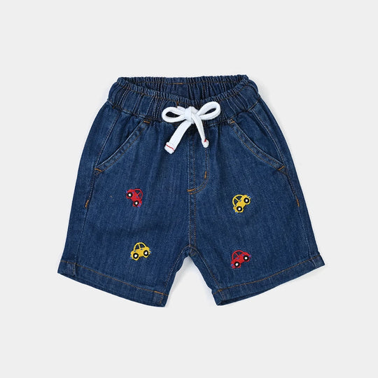 Infant Boys Denim Rigid Shorts Embroidered Cars - Mid Blue