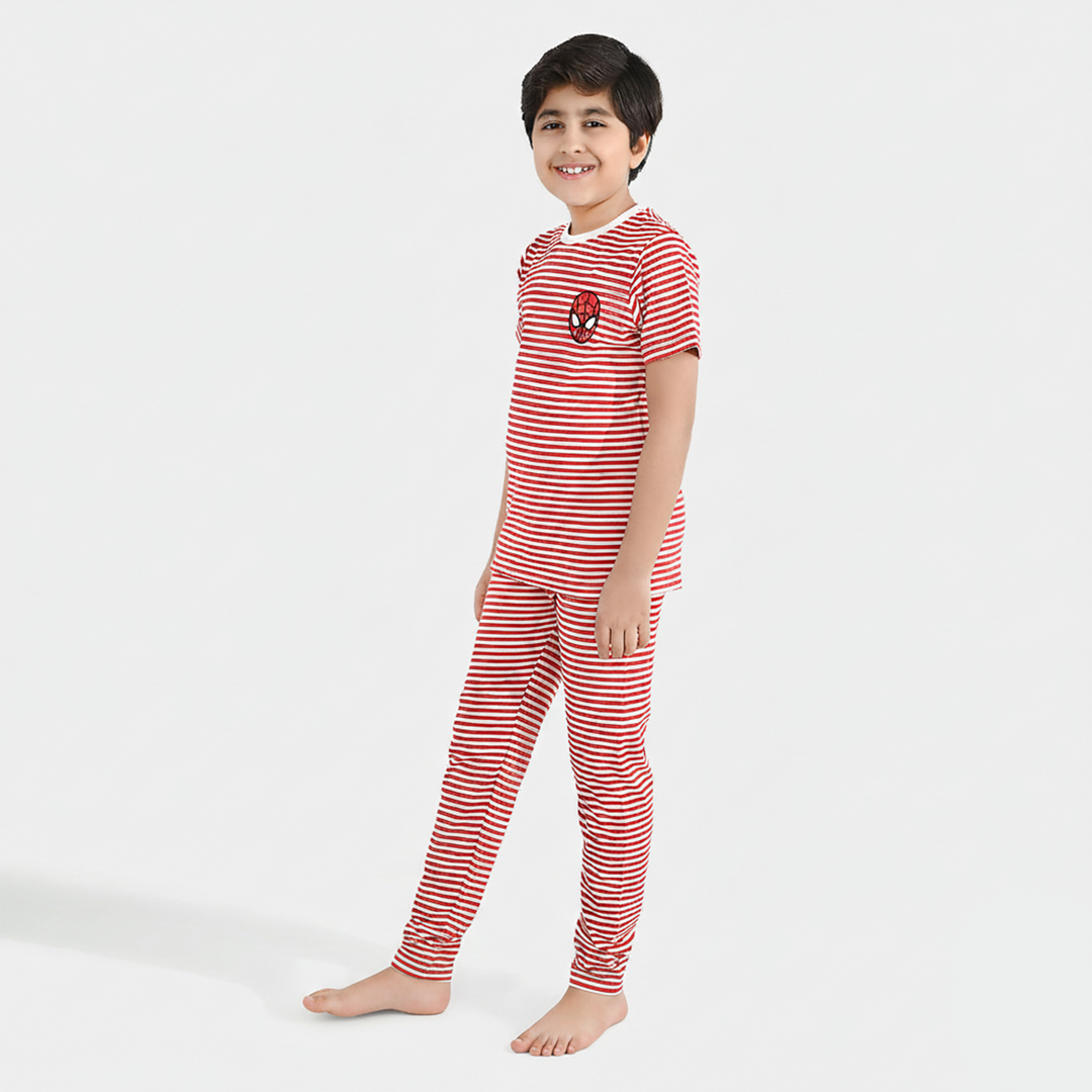 Boys PC Jersey Night Suit - White/Red